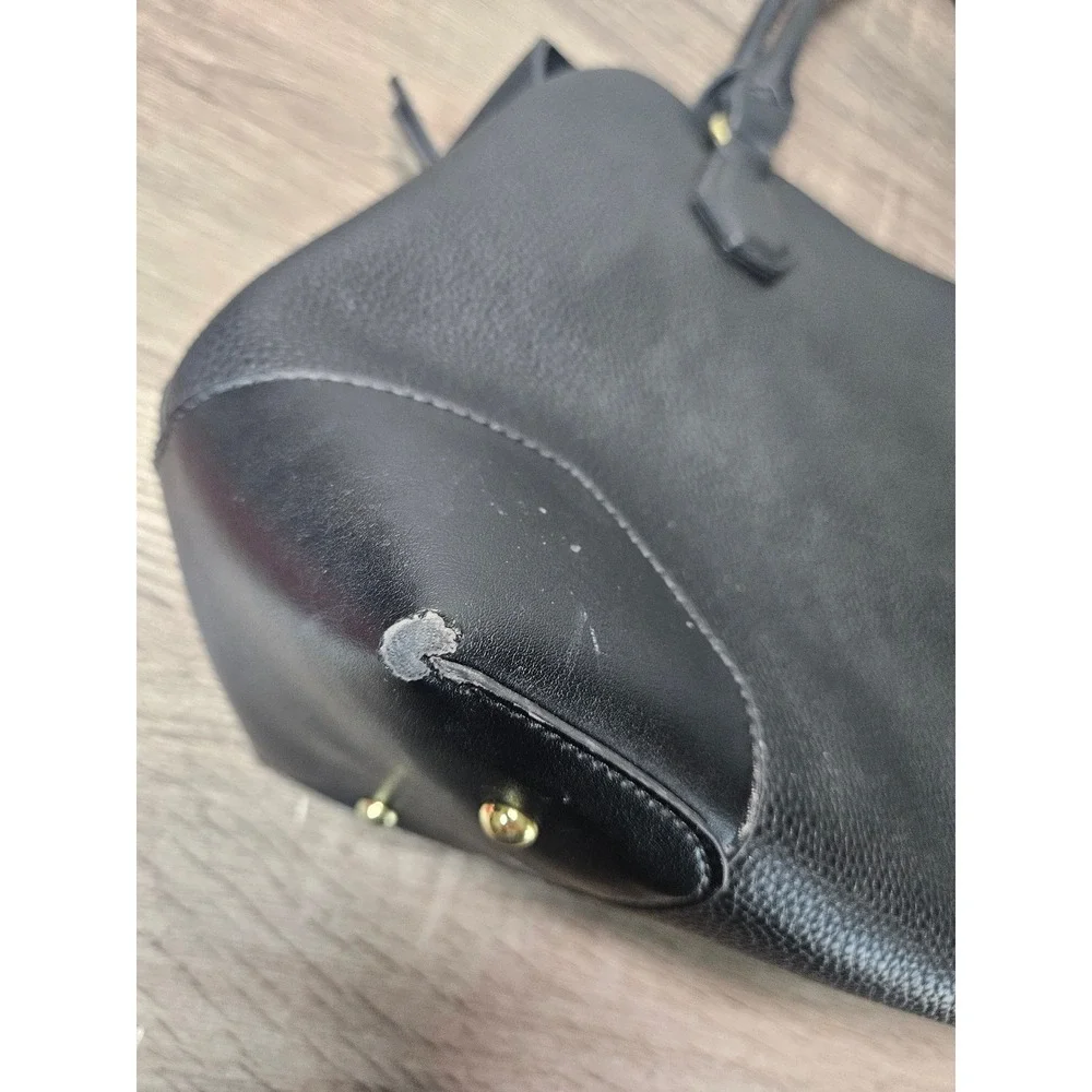 Nine West Black Pebbled Faux Leather Satchel Handbag Gold Hardware Work Tote